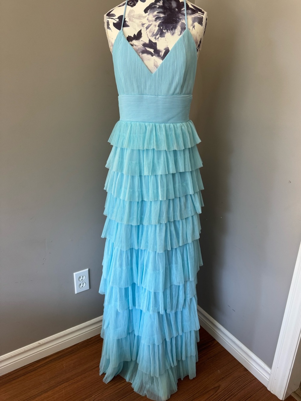 Lulus Light Blue Mesh Tiered Pleated Backless Maxi Dress